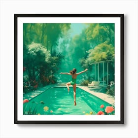 Girl Jumping Into A Pool Art Print