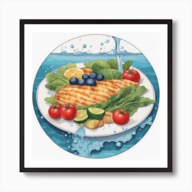 A Plate Of Food And Vegetables Sticker Top Splashing Water View Food 11 Art Print