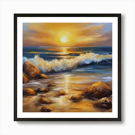 The sea. Beach waves. Beach sand and rocks. Sunset over the sea. Oil on canvas artwork.35 Art Print