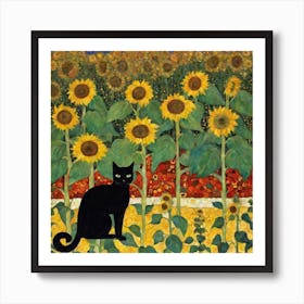 Gustav Klimt Style, Farm Garden With Sunflowers And A Black Cat 2 Art Print by realfnx Art Print