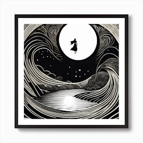 A Linocut Piece Depicting A Mysterious Figure in dreams 1 Art Print