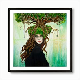 Surreal Painting Of A Woman With A Face Merging With The Gnarled Branches Of A Grand Earthy Tree H Art Print