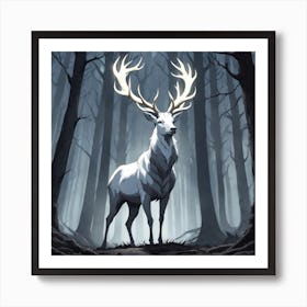 A White Stag In A Fog Forest In Minimalist Style Square Composition 22 Art Print