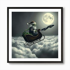 Green Santa Claus Over Clouds Affiche