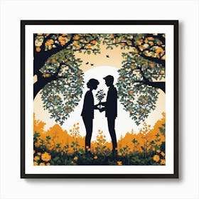 Couple Holding Hands Under Trees, Silhouettes Of Two People Hugging Surrounded By Elements Of Nature Flowers Trees Growing Art Print