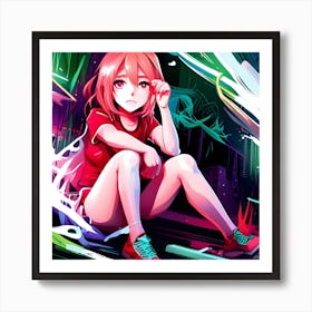Anime Girl Sitting On The Ground Art Print