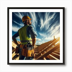 Construction Worker Standing On Roof Art Print