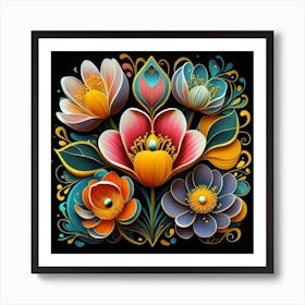 Abstract art of exotic flowers with vibrant abstract hearts in their designs, hearts, 8 Art Print