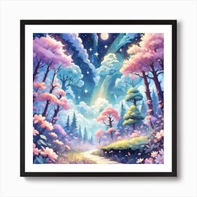 A Fantasy Forest With Twinkling Stars In Pastel Tone Square Composition 342 Art Print