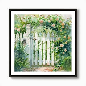 Rose Garden Gate at the Country Cottage | White Picket Fence Watercolor | Idyllic Countryside Home Sweet Home Art Print