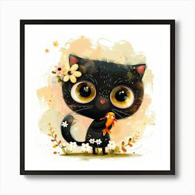 Black Cat With Flowers 12 Art Print