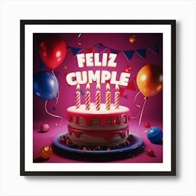 Feliz cumple and Feliz cumpleaños sign means Happy Birthday in Spanish language, Birthday party celebration gift with birthday cake candle colorful balloons best congratulation over light background wall artFeliz Cumple 20 Art Print