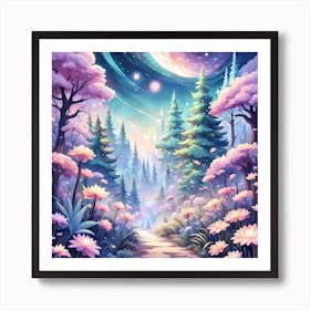 A Fantasy Forest With Twinkling Stars In Pastel Tone Square Composition 8 Art Print