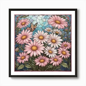 Surrounded by daisies woven into stained glass stencil, Daisies And Butterflies Art Print