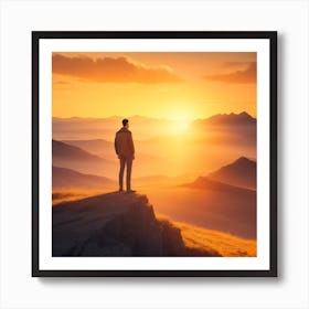 Man Standing On Top Of Mountain At Sunset Art Print