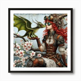 Steampunk Girl With Dragon Art Print