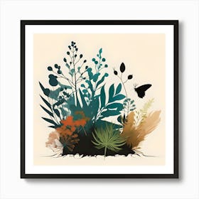 Botanical Illustration Silhouette, Turquoise, Brown, Green and Orange Art Print