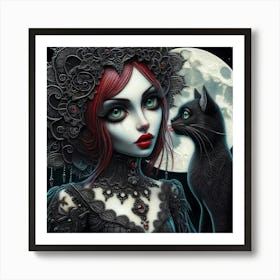 Gothic Girl With Cat 2 Art Print