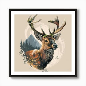 Captivating Stag Tattoo Design: Majestic Wildlife Art with Mossy Antlers, Wisdom Gaze, and Nature-Inspired Background Art Print
