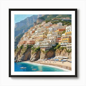 Positano, Amalfi Coast, Italy - Retro Landscape Beach and Coastal Theme Travel Poster Art Print 2 Art Print