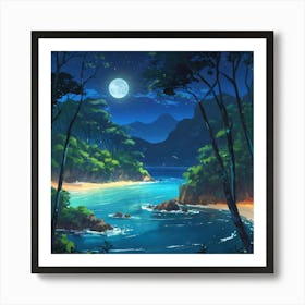 Moonlit Tropical Beach Enclosed by Lush Forest Under a Starry Night Sky 1 Art Print