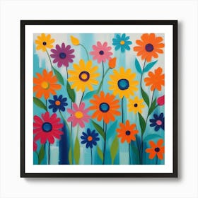 Flowers On Blue Canvas Art Print