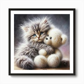 Teddy Bear And Kitten Art Print