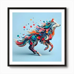 A Wolf, Minimalistic Colorful Organic Forms, Energy, Assembled, Layered, Depth, Alive Vibrant, 3d, Abstract, On A Light Blue Background (1) Art Print