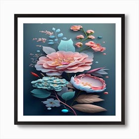 Flowers On A Blue Background Art Print