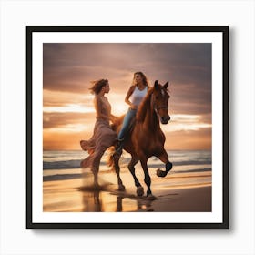 Two Women Riding Horses On The Beach Art Print