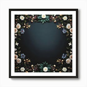 Floral Frame On Black Background Art Print