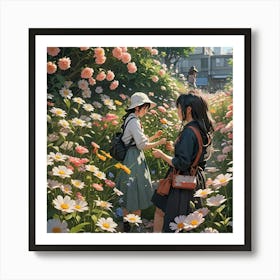 WOMEN PICKING FLOWERS Art Print