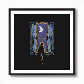 Cat Looking Out The Window Moon Stars Silhouette Art Print