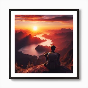 Man Sitting On Top Of Mountain At Sunset 1 Art Print