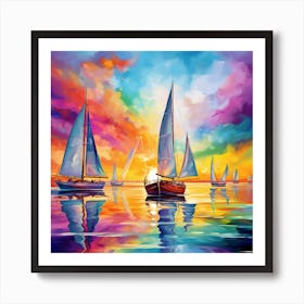 Sailboats At Sunset 3 Art Print