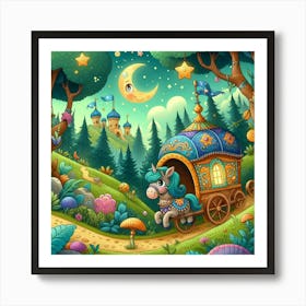 Playful Cartoon Style Illustration Of A Whimsical Caravan Journey Through A Magical Forest, Style Cartoon Illustration 3 Art Print