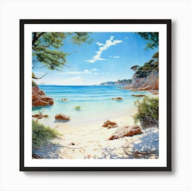 Watercolour Landscape Beach Of Santa Giulia Sunny Hot Day Art Print