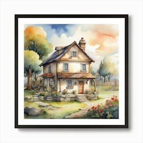 A Little House In The Village Cartoon Watercolor Dra 1 Art Print