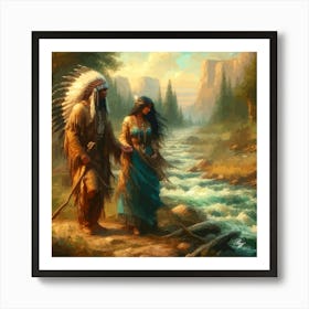 Oil Texture Native American Couple By Stream 10 Copy Art Print