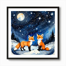 Two Foxes At Night Art Print