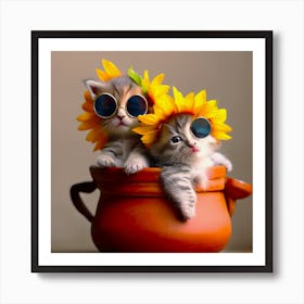 Kittens And Sunflowers In Pots 2 Art Print