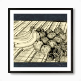 composition with fruit on the table; dark background Art Print