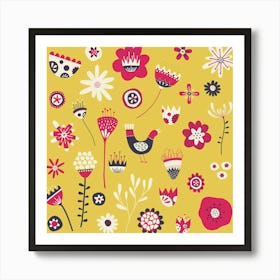 Scandinavian Folk Flowers And Birds Yellow Art Print