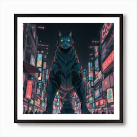 Gigantic Cat In The City At Night Art Print