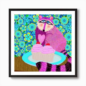 Raccoon And Cupcakes Square Art Print