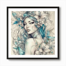 Blue Haired Girl With Flowers Art Print