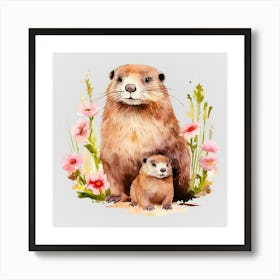 Watercolor Spring Mama And Baby Beavers Art Print