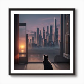 Cat Looking At The Future City Art Print