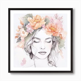 Watercolor  Of A Woman With Flowers Art Print