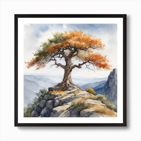 Watercolor Tree On A Rock Art Print